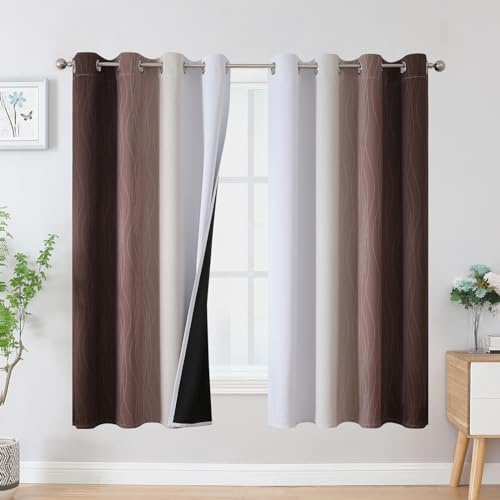 VEHEDE Farbverlauf Ombre Gardinen mit Ösen Wohnzimmer Thermovorhang Kälteschutz Vorhänge Blickdicht Schallschutz Verdunklungsvorhänge 160 cm Hoch, H 160 x B 132 cm, Braun und Weiß, 2er Set