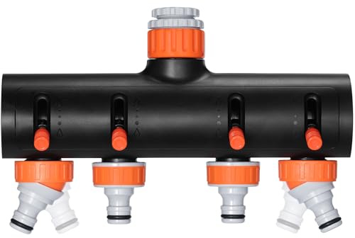 Distribuidor de 4 Vías, Desviador de Grifo de 3/4 y 1/2, Divisor de Manguera de Jardín, con 4 Conectores de Manguerat, con Válvula Independientes Flujo de Agua del Divisor es Ajustable y Bloqueable