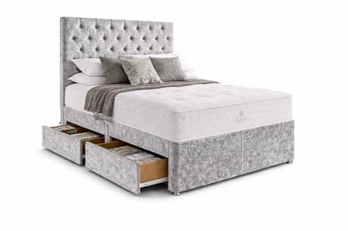 CALISMA Luxury Divan Bed with Storage, Upholstered Base, Toronto Headboard, Spring Mattress, Multiple Sizes (silver crush, 3ft single)