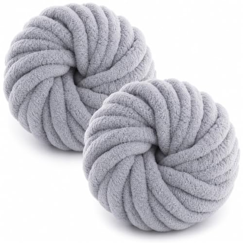 Dicke Wolle zum Handstricken 2x250g - Chenille Chunky Wolles, 2CM Dickes Garn Soft Arm Knitting, XXL Wolle zum Häkeln Kann zum Stricken von Decken,Schals und Mützen (Grau)