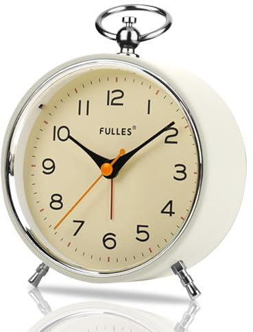 Retro väckarklocka analog utan tickande, 10 cm rund analog väckarklocka med nattlampa snooze, batteridriven bullret för djupsömnare, barn, seniorer, väckarklocka analog för sovrum vardagsrum, vit