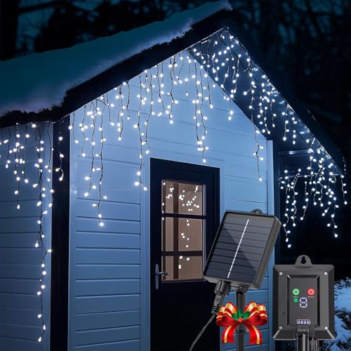 Aigostar Solar Christmas Icicle Lights Outdoor, 5M 100 LED, IP65 Waterproof, Auto Dusk to Dawn, 8 Modes with Memory Function, Cool White for House Roof, Gutter, Garden, Window Decor