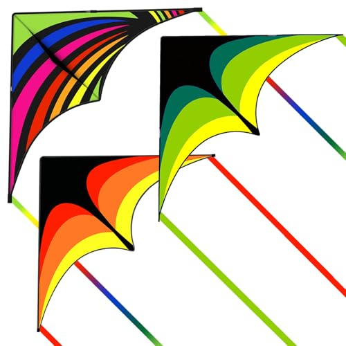 Kites for Kids and Adults, Easy to Fly for Beach, Single Line Kite Set for Beginners, 55 x 27 Delta Kites for Teens with 3 * 300FT Kite String(Green&Yellow&Rainbow)