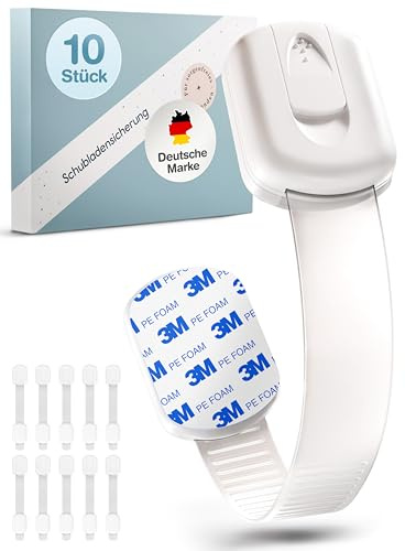 ADLERSFELD® 10x Kindersicherung Schrank - (Mit 3M Kleber) Schranksicherung Baby - Längenverstellbare Schubladensicherung Baby für Schränke, Kühlschrank, Tür - Kindersicherung Schubladen Kinder Weiß