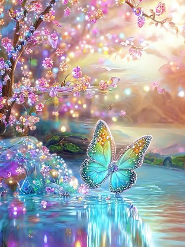 RKFLGEW DIY Perlenstickerei Set Mit Perlen Vollbild Fantasie Grüner Schmetterling DIY Perlen Gedruckt Perlen Stickerei Kreuzstich Kit Home Art Decor Handarbeit 30x40cm