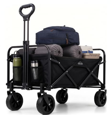 Festival Trolley on Wheels 100KG, Foldable Wagon 120L Heavy Duty Collapsible Utility Cart with Adjustable Handle for Camping, Garden, Beach, Picnic & Shopping, Black