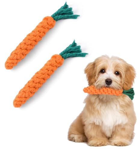 Set di 2 giocattoli per cani a forma carota, da masticare cuccioli, corda, adatti cuccioli taglia piccola e media (arancione).