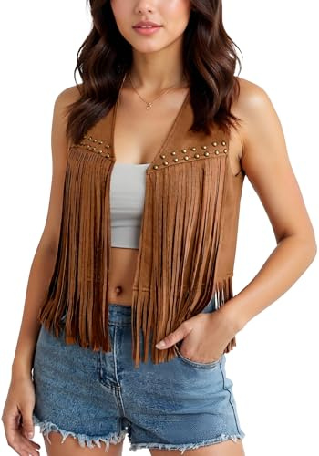 Maeau - Gilet Court en Daim Franges Femme Sans Manches Ouverte Style Années 70 Veste S-XXL