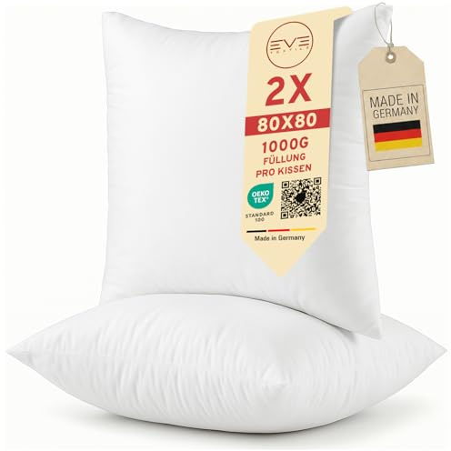 EVE Textile® 2er Set, 80 x 80 cm Kissen Kopfkissen Öko-Tex 100 Füllkissen Innenkissen Dekokissen Sofakissen Kisseninlett, Allergiker Bettkissen, Schlafkissen Atmungsaktiv 60° Waschbar