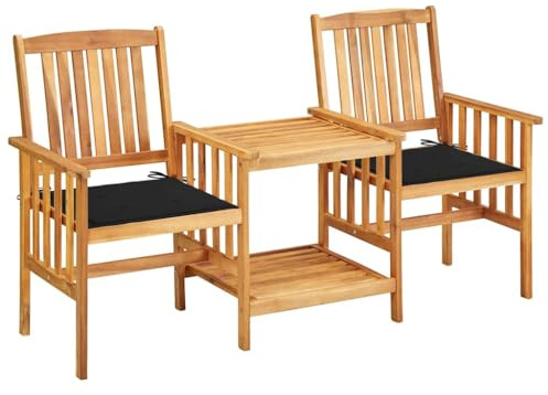 JHQHSM Gartenstühle mit Teetisch und Kissen aus massivem Akazienholz, rustikales Bistro-Set für Terrasse und Balkon, wetterbeständige Ölfinish, inklusive bequemer Polsterauflagen