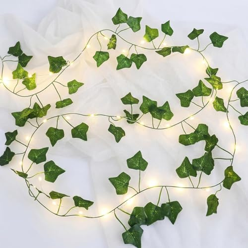 Guirlande de lierre artificiel avec guirlande lumineuse LED, 2 m, 20 LED, à piles, verte, décoration de plantes à suspendre
