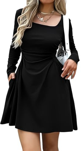 Hanaoops Women Sexy Mini Dress Square Neck Long Sleeve Bodycon Dresses Casual A Line Short Dress High Waist Ruched Loose Knee Length Swing Dresses with Pockets for Cocktail Party Club Going Out