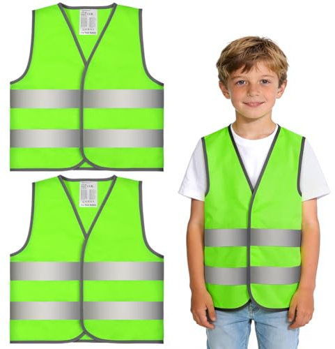 AYBUY Gilet de Haute Visibilité pour Enfants, 2 Pièces Gilet Fluorescent de Sécurité, Gilets de Signalisation Haute Visibilité Bandes Parallèles (L, Vert fluorescent)