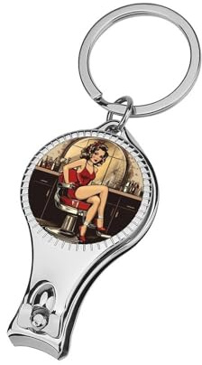 Pin Up Women in Barber Hairstyle Portable Nail Clippers with Keychain Sharp Fingernail Clipper Metal Corkscrew Compact Toenail File