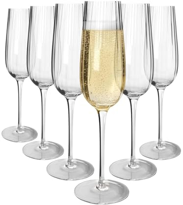 Argon Tableware Kensington Optic Crystal Champagne Flutes 240ml - Pack of 6, Lead-Free Crystal Sparkling Wine Glass Set, Art Deco Design with Optic Detail, Durable Pulled Stem, Gift Boxed
