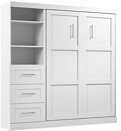 Bestar Full Murphy Bed and Storage Unit with Drawers, White, Pur, 84W