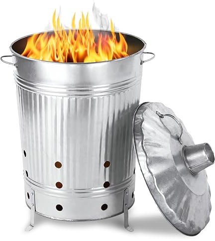 GARTHEIN 90 Liter Große Feuertonne für den Gartenabfall mit Deckel in Silber, Metallfass verzinkt, Feuer Verbrennungstonne für Laub, Gartenarbeit, Feuerschale mit Deckel, Terrassenofen, Feuerkorb
