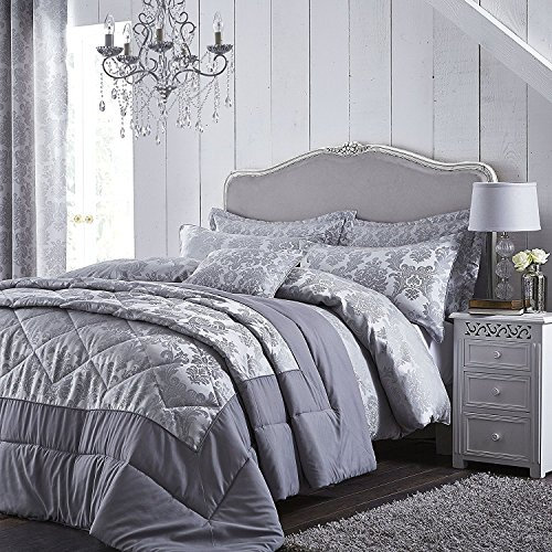 Catherine Lansfield Damask Jacquard 240x260cm Bedspread Silver Grey