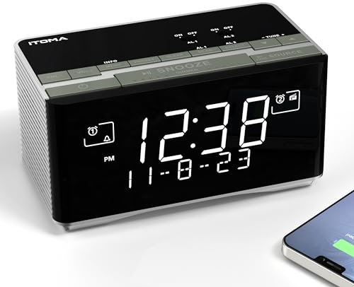 iTOMA Despertador de Radio FM y Dab con Puerto de Carga USB, Altavoz estereofónico Bluetooth, Enchufe de Auriculares, Doble Alarma, Snooze, Pantalla LCD Ajustable 3501