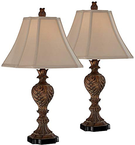 Regency Hill Regio Traditional Rustic Table Lamps 25.5 High Set of 2 Deep Espresso Aged Brown Leaf Tan Fabric Square Bell Shade for Living Room Bedroom House Bedside Nightstand Home