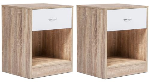 IDMarket - 2er-Set Nachttische OLGA 1 Schublade mit Holznische in Buchenoptik und weißer Schublade
