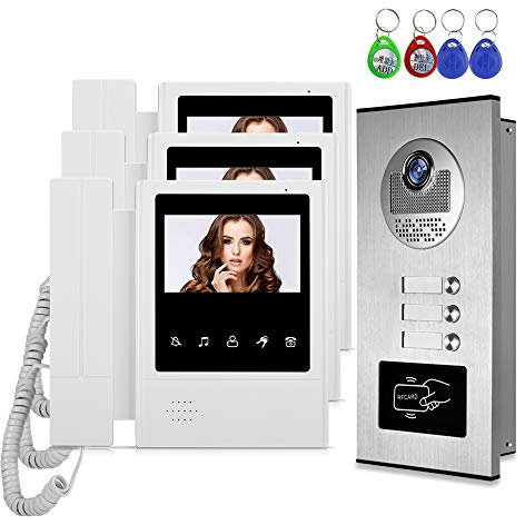 HFeng Kit de Sistema de Intercomunicación con Video de 4.3 , timbre de la Cámara de Acceso RFID + 3 Monitores Interiores para 3 Apartamentos/Hogar