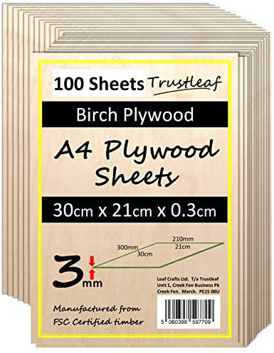 Trustleaf 3 mm björkplywood A4-300 x 210 x 3 mm - (paket med 100) - Laserable lågrök E1 limlager