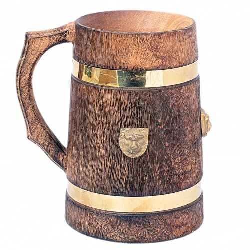 collectiblesBuy Vintage Style Medieval Inspired Wooden Beer Mug/Stein Brass Barrel Design With Embossed Metal Lion Wood Tankard