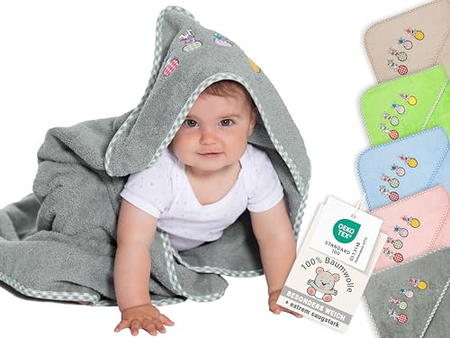 ZOLLNER Baby Kapuzenhandtuch in 100x100 cm - grau - hautfreundlich und kuschelweich - Baumwolle - waschbar bis 60°C - Oeko Tex® Zertifiziert