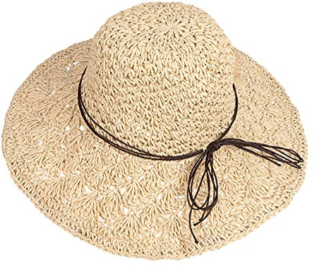 QH-Shop Stroh Sommerhut für Damen Faltbar Strohhut mit Groß Breite Kappe, Atmungsaktiv Strandhut Boho Weichem Sonnenhut für Reisen, Urlaub und Outdoor-Aktivitäten (Beige)