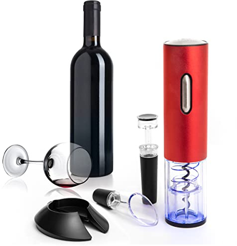 Moss & Stone Electric Wine Opener Set, Corkscrew Remover With USB Charging, Wine Bottle Opener with Wine Pourer, Foil Cutter & Vacuum Stopper, Automatic Wine Opener For Wine Lovers (Red)