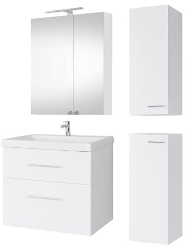 Planetmöbel Badmöbel Set Waschtisch mit Unterschrank 63 x 60 x 36,5 cm, Spiegelschrank 60 cm mit LED-Leuchte (schwarz matt) & Steckdose, inkl. 2X Midischrank, Moderne Badezimmer Möbel, Weiß