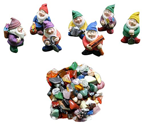 Soulnioi Estatua de jardín Lindos 7 elfos adornos de resina decoración de bonsái, figuras en miniatura enanas y grava de cristal de 50 g, escultura de duende para jardín al aire libre
