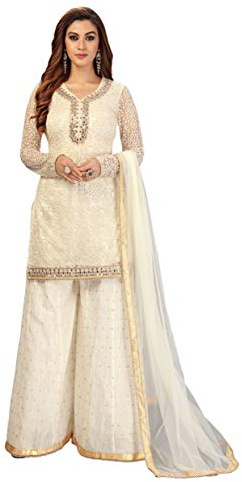 TRENDMALLS Completo da donna in cotone ricamato Salwar Kurta Sharara con Dupatta Kurta Palazzo Set cucito pronto da indossare, Bianco sporco, L
