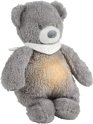 Nattou Kuscheltier-Nachtlicht Bär, Sleepy, 7 natürliche Farben, Integrierte Spieluhr, USB-Akku, 19,3 x 11 x 30,5 cm, Vegan, Plüsch/Polyester, Grau