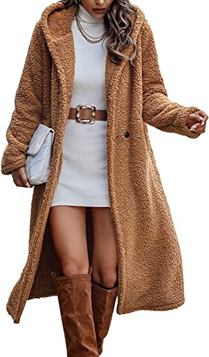 Vagbalena Frauen Winter Mantel Plüsch Lange mit Kapuze Faux Pelz Warme Oberbekleidung Teddy Faux Pelzmantel Winter Übergroßen Vintage Braun M