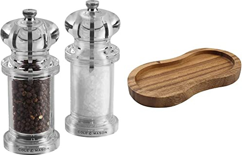 Cole & Mason H50518P 505 Clear Salt and Pepper Mills | Precision+ | Acrylic | 140mm & T&G 10469 Tuscany Acacia Double Mill Rest / Work Surface and Dining Table Protector, 16 x 9 x 1.5 cm, Brown