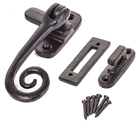 Casement Window Lock Black Antique Window Latch Lock Child Safety Locks for Wooden Window Frames Curly Tail Window Fastener Cast Iron Monkey Tail Mortice Latch 55mm x 95mm