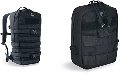 Tasmanian Tiger TT Essential Pack L MKII Molle Kompatibler 15L Daypack Outdoor Rucksack (Schwarz) & TT Tac Pouch 1 EDC Rucksack-Zusatztasche mit Molle-System und Patch-Fläche, 15 x 10 x 4, Schwarz