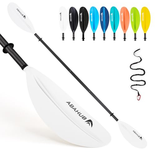 Abahub Carbon Kajak Paddel 230cm/ 220 bis 240cm Verstellbar mit Paddelleash für Kajakfahren Ruderboot Kanusport, Carbonschaft Kunststoffblatt Schwarz/Weiß/Blau/Grün/Orange/Gelb/Türkis
