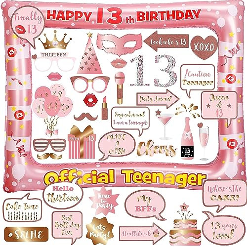 13. Geburtstag Foto Requisiten Fotobox Accessoires Rose Gold aufblasbarer Fotorahmen Aufblasbar 40 Stück Fotorequisiten Official Teenager 13 Deko Party Selfie Rahmen Geburtstagsdeko für Mädchen