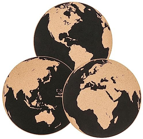 EXERZ 30 cm Weltkarten-Pinnwand, 3er-Packung, Notiztafel aus Kork, zum Aufkleben, rückstandsfrei, feststeckbar