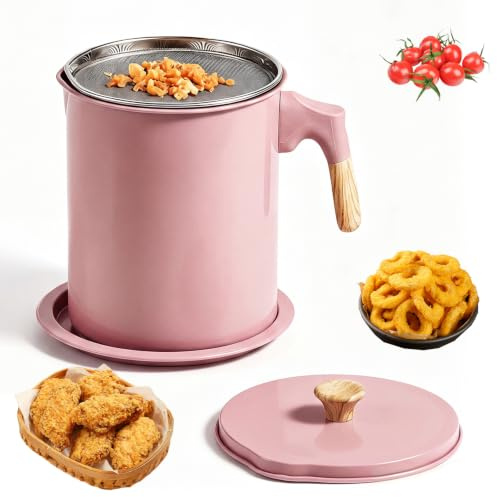Filtro Aceite Cocina Usado con Colador y Tapa, 1,4L Rosa Hierro Contenedor de Grasa de Tocino Recipiente de Grasa de Bacon para Almacenar Aceite de Freír, Grasa de Cocina