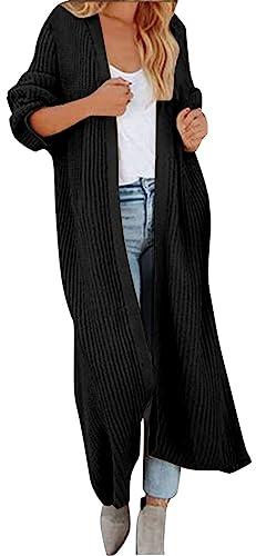 Chaqueta de punto frontal abierta para mujer, cárdigan largo de un solo color, ligero y elegante, abrigo de punto cálido, Negro , L