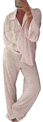 Damen 2 Stück Pyjama Set Cute Fruit Floral Printed Shirt Pant Sets Holiday Loungewear Nightwear