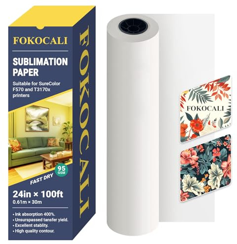 FOKOCALI 95gsm 61 cm x 30,5 m carta di sublimazione della tintura per stampante SureColor F570, rotolo di carta per sublimazione del colore ad asciugatura rapida 5,1 cm nucleo