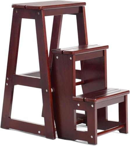 GOPLUS Escalera Taburete 3 Peldaños de Madera de Pino, Plegable, Doméstica, Capacidad de Carga 130kg, Color a Elegir (Marrón)