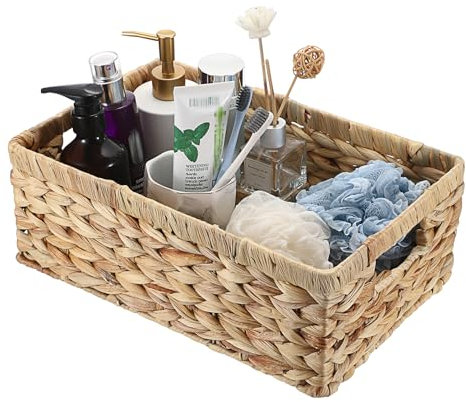 OGANAZI Natural Water Hyacinth Baskets with Handles, Woven Wicker Storage Baskets for Organizing, Shelf Baskets for Bedroom Bathroom Living Room, 35 * 23.5 * 13cm