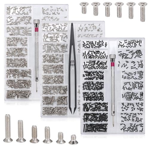 JIZZU 1500 Pièces Kit de Vises de Réparation Minuscule Micro, M1.2 M1.4 M2 Micro Vis Autoforeuse Inox avec Tournevis et Pincettes, Vis à Tête Plate Fraisée Ronde pour Montres Lunettes, Argent Noir
