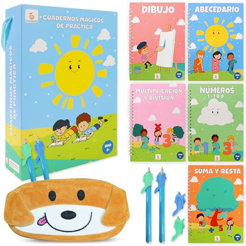 SANIWANI Quaderno per calligrafia magica per bambini dai 3 anni in su, riutilizzabile in spagnolo, confezione da 5 libri, imparare a disegnare, scrivere e numeri con metodo groove.